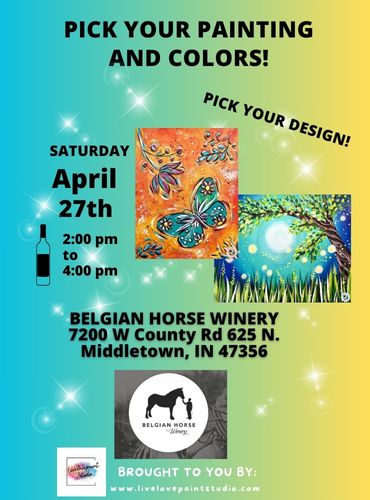 pICK YOUR PAINTING, BELGIAN HORSE WINERY, BUTTERFLY PAINTING, SUMMER TREE, LIGHTENING BUGS, PAINT AND WINE, WINE AND PAINT, PAINT PARTY